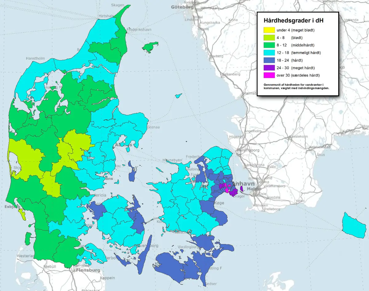 Danmarks karta med vattenhårdhet