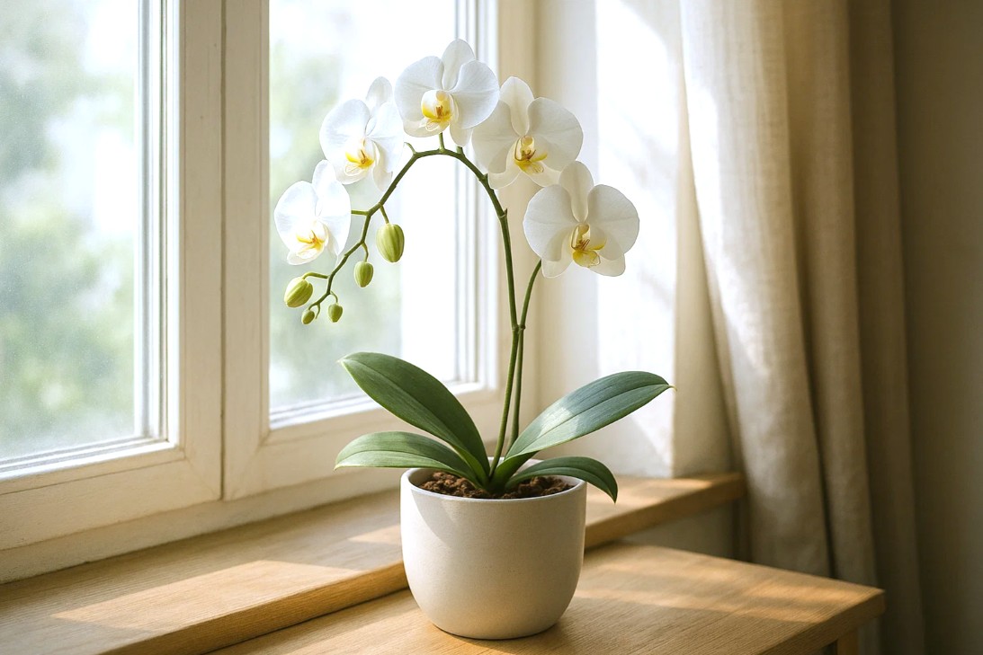 Phalaenopsis-orkidé i potte ved et vindu med mykt, naturlig lys