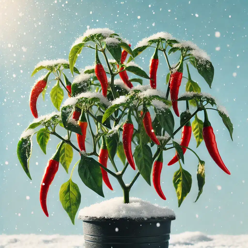 Sund chiliplante med grønne blade og røde frugter klar til vinterpleje indendørs