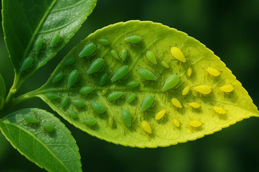Grønne bladlus på sitrusblader, skadedyr som suger saft fra nye skudd og kan deformere bladene