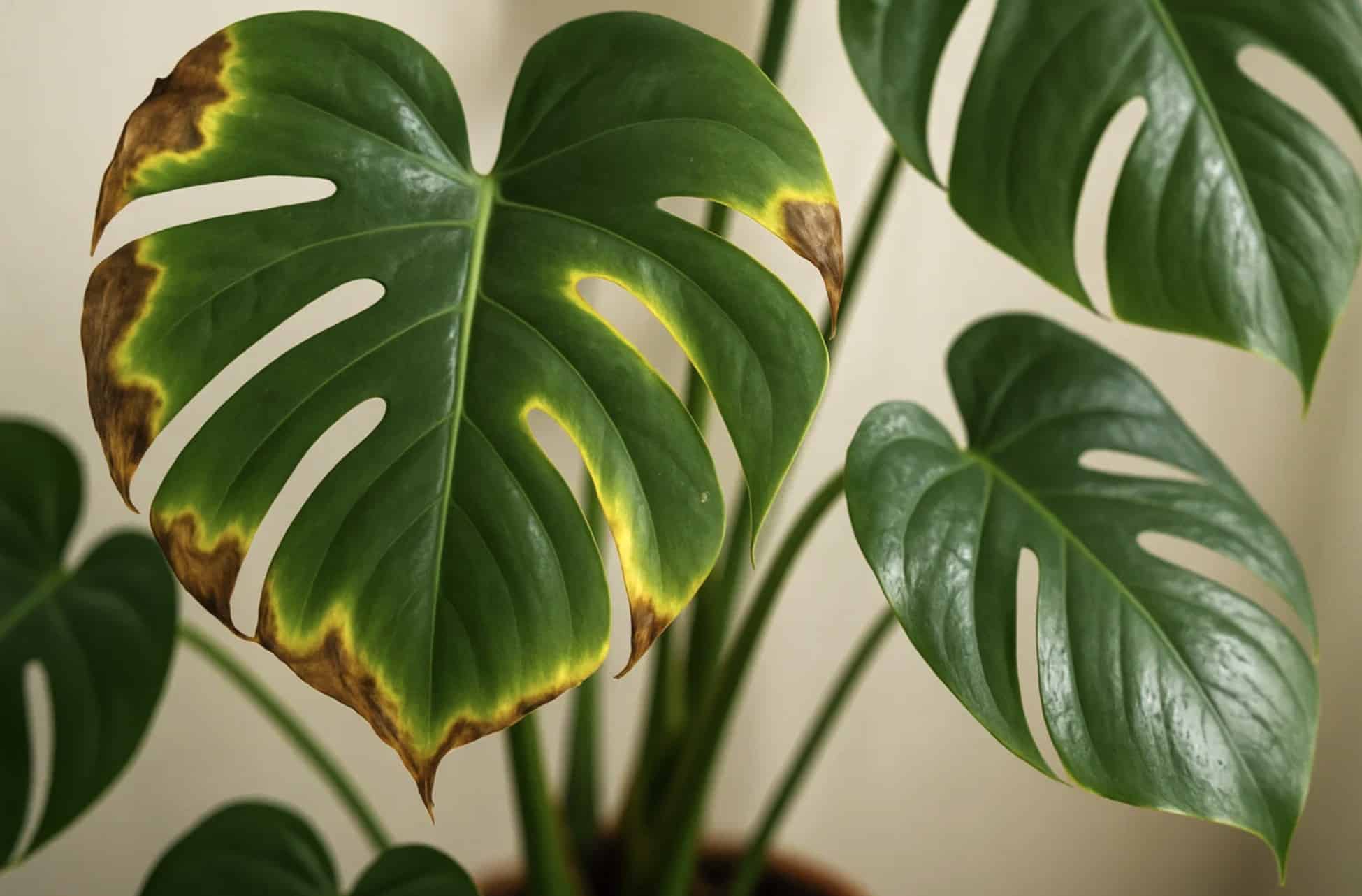 Monstera deliciosa med brune bladspidser og gul halo omkring pletterne på grund af vandingsproblemer eller svamp
