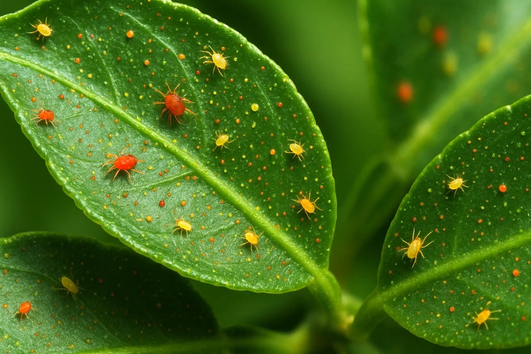 Sitrusbladmidd på bladene, små røde midd som lager lyse flekker og kan føre til at bladene faller av.