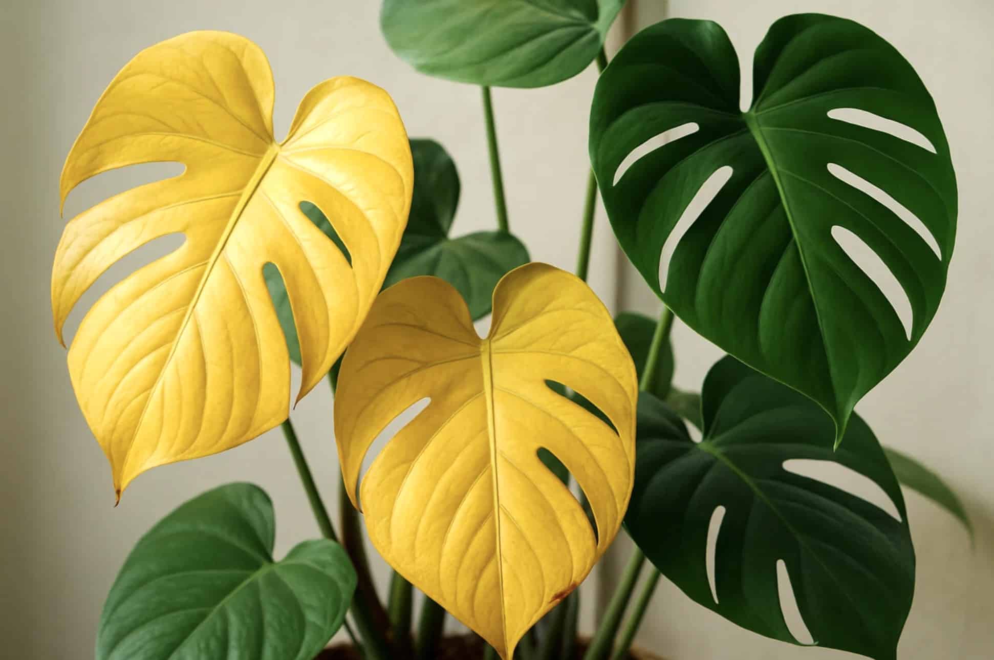 Monstera deliciosa med gule blade som tegn på overvanding, næringsmangel eller aldring