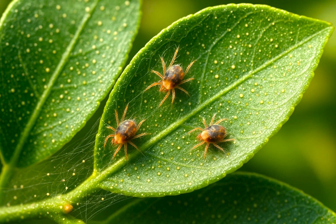 Edderkoppmidd på sitrusblad med små gule prikker og spindelvev, typisk skadedyr innendørs i Danmark