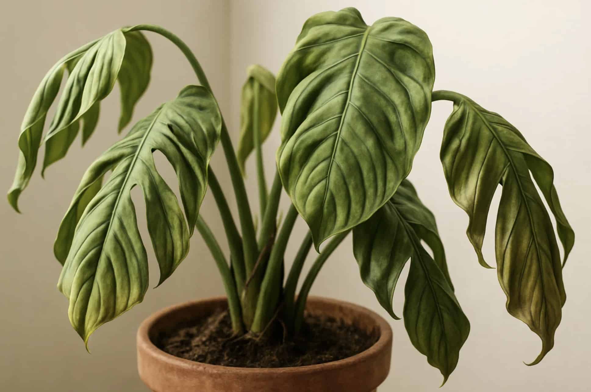 Monstera deliciosa med visnende og faldende blade på grund af overvanding eller undervanding