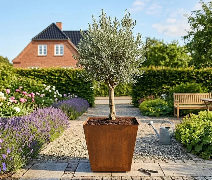 Plantekumme kegleformet i 5 mm stålplade med målene 40 x 40 x 35 cm (Skjulte hjul)