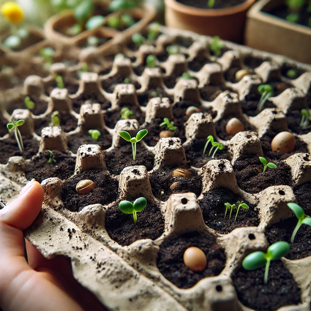 Såbakker – Den ultimative Guide til sund planteopstart 4 DALL·E 2025 02 25 13.20.12 A natural and realistic photograph like image of seed sowing using recycled egg cartons. The egg cartons are repurposed as seed trays each compartmen