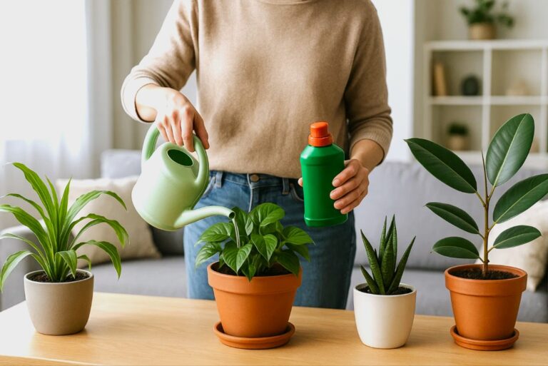Person som gödslar krukväxter med flytande gödningsmedel i ett ljust vardagsrum