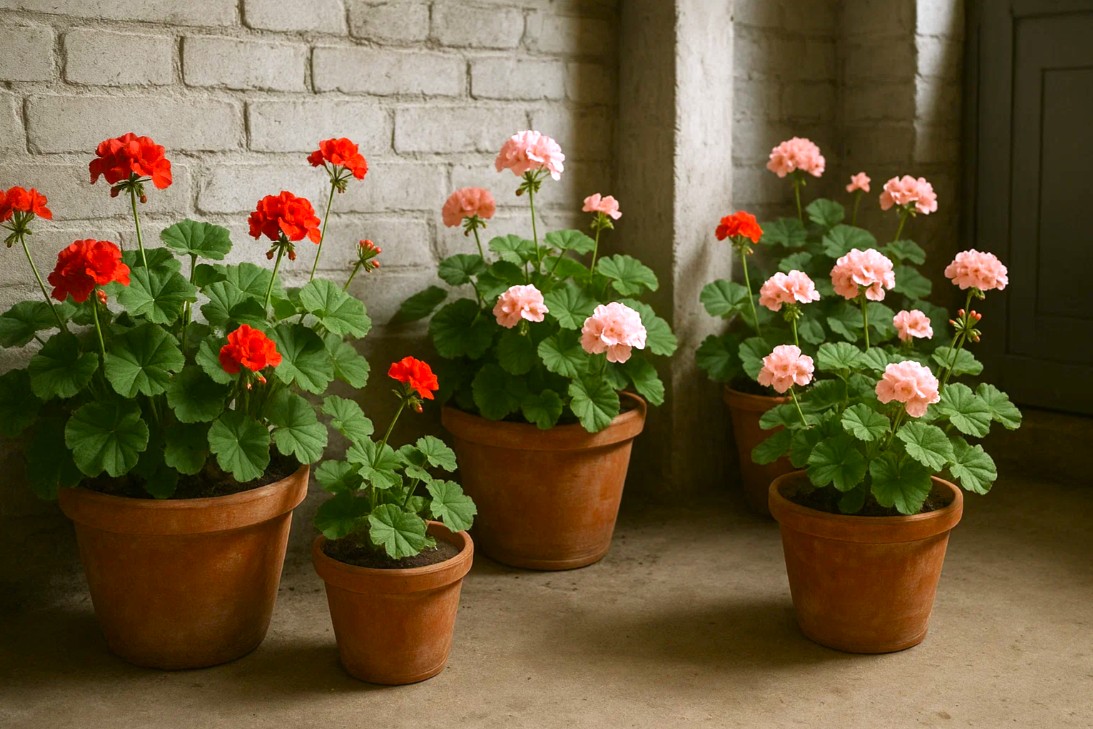 Duftpelargonier opbevaret frostfrit i køligt rum