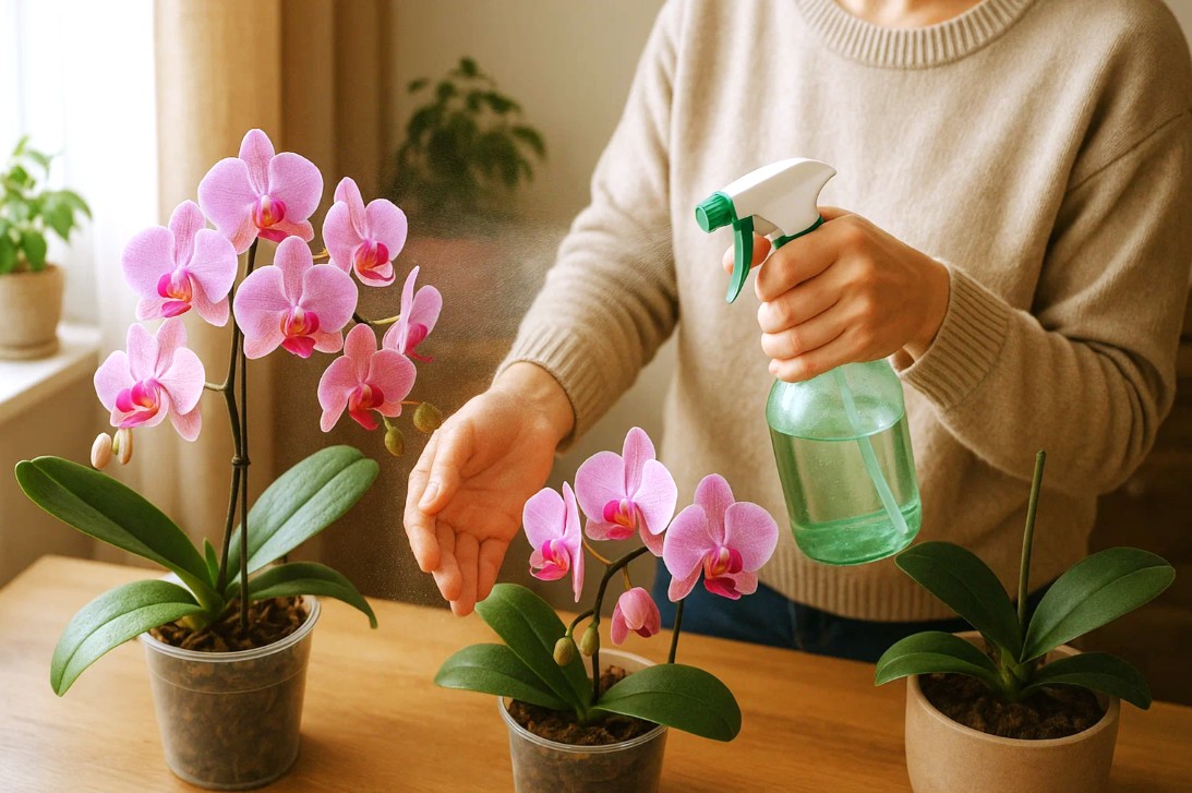 Odlingslampor för orkidéer: En komplett guide till artificiellt ljus 5 Person vander orkideer med sprayflaske indendørs