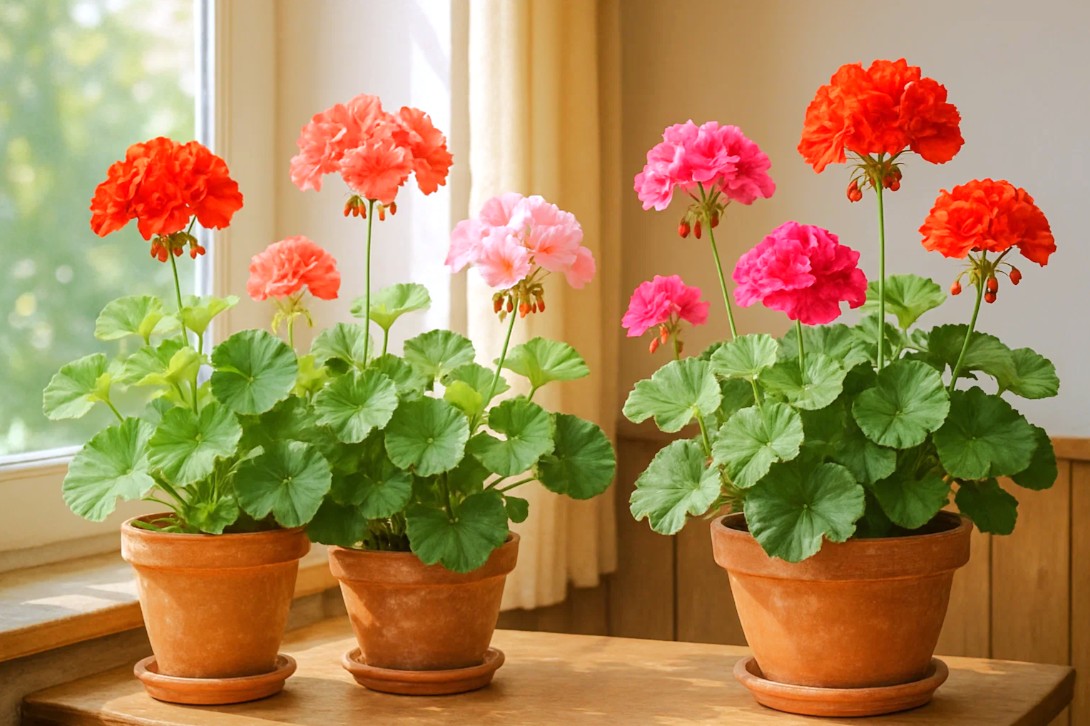 Plantelys 49 Pelargonier (geraniums) i potter indendørs med grønne blade og blomster