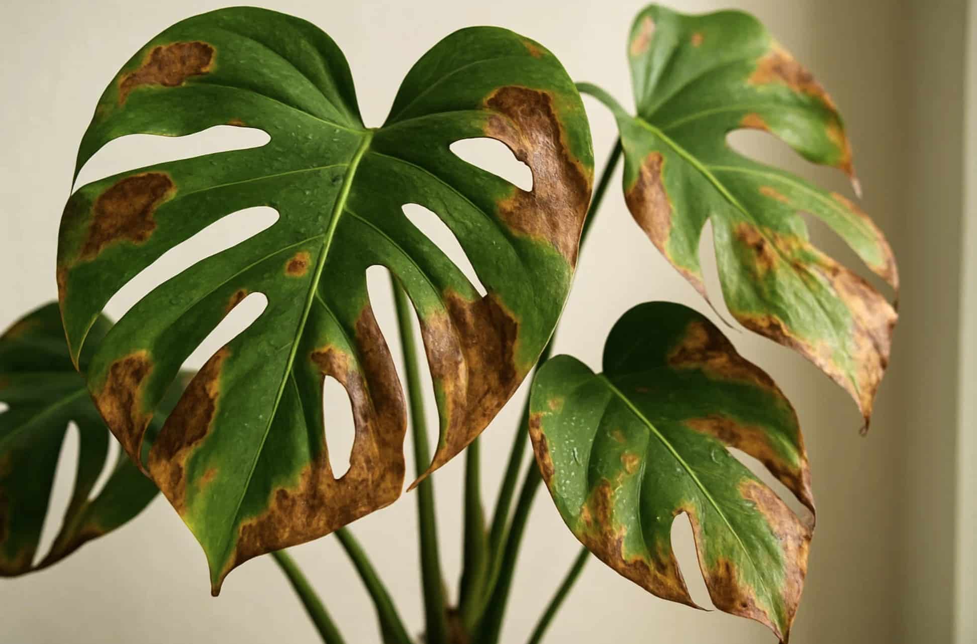 Monstera deliciosa med brunlige pletter på bladene på grund af lav luftfugtighed, solskoldning eller sygdom