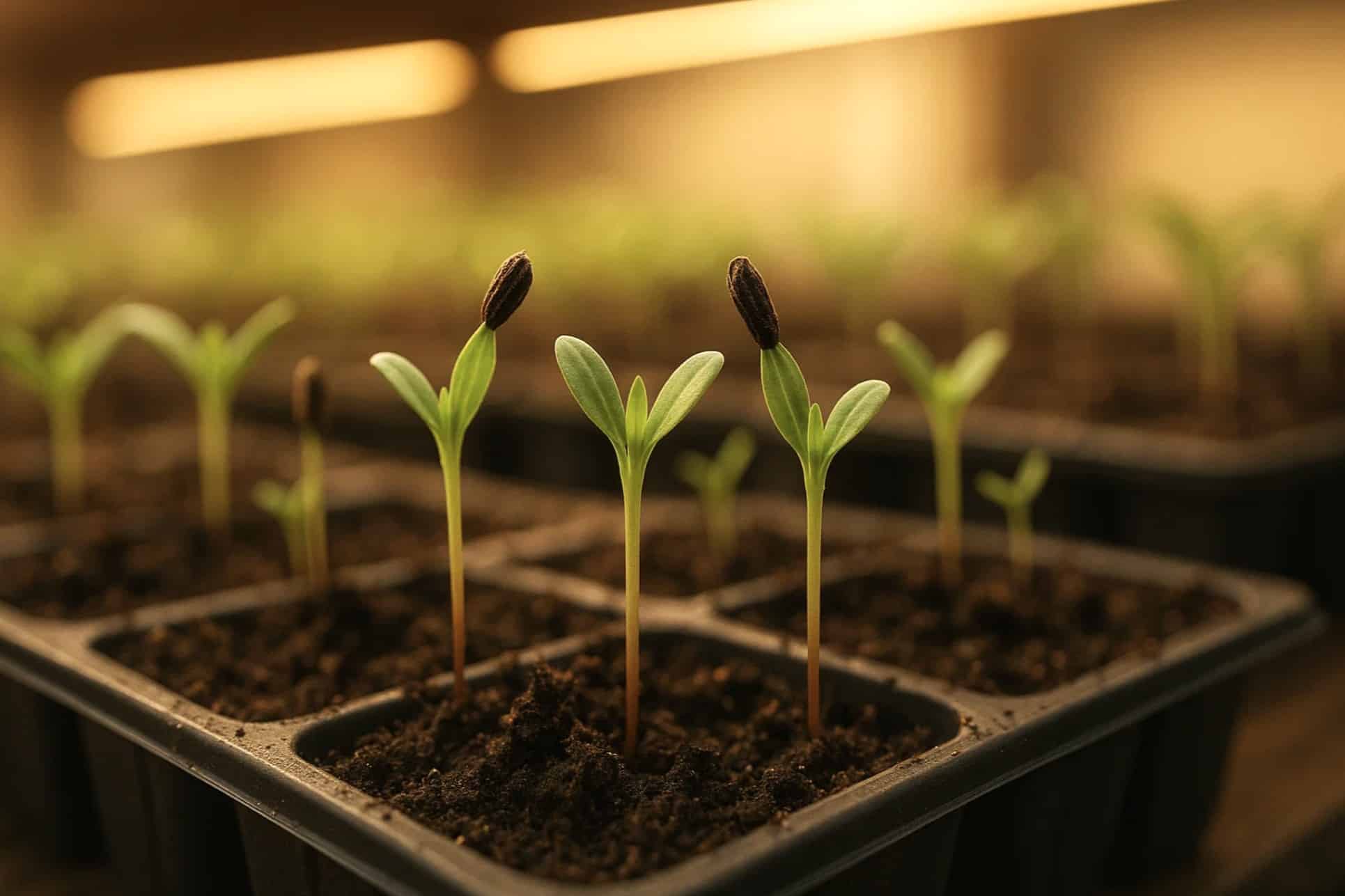 Tagetesfrø spirer i små bakker under grolys, klar til udplantning.