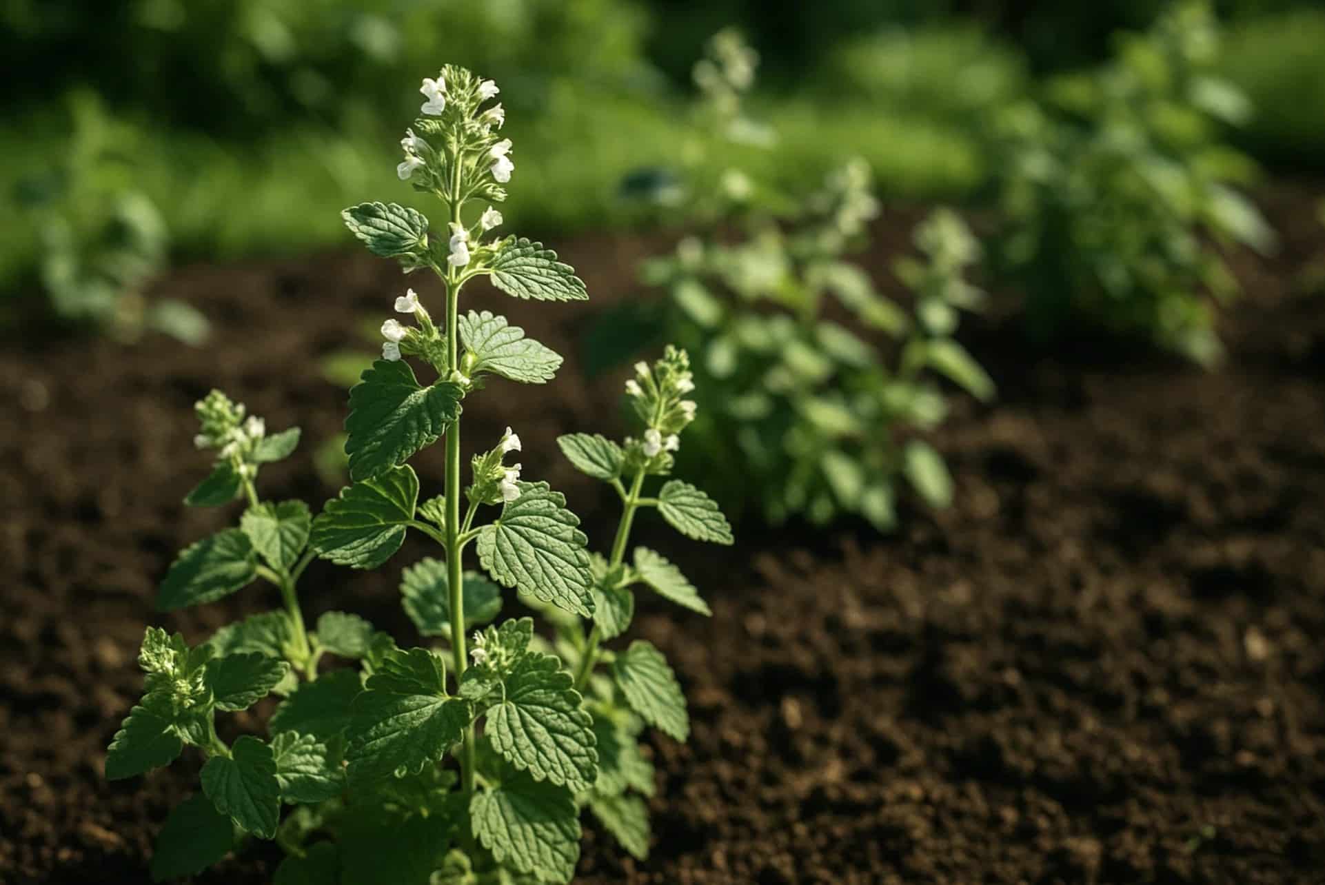 Nepeta cataria klassisk katteurt i haven med grønne blade og små hvide blomster