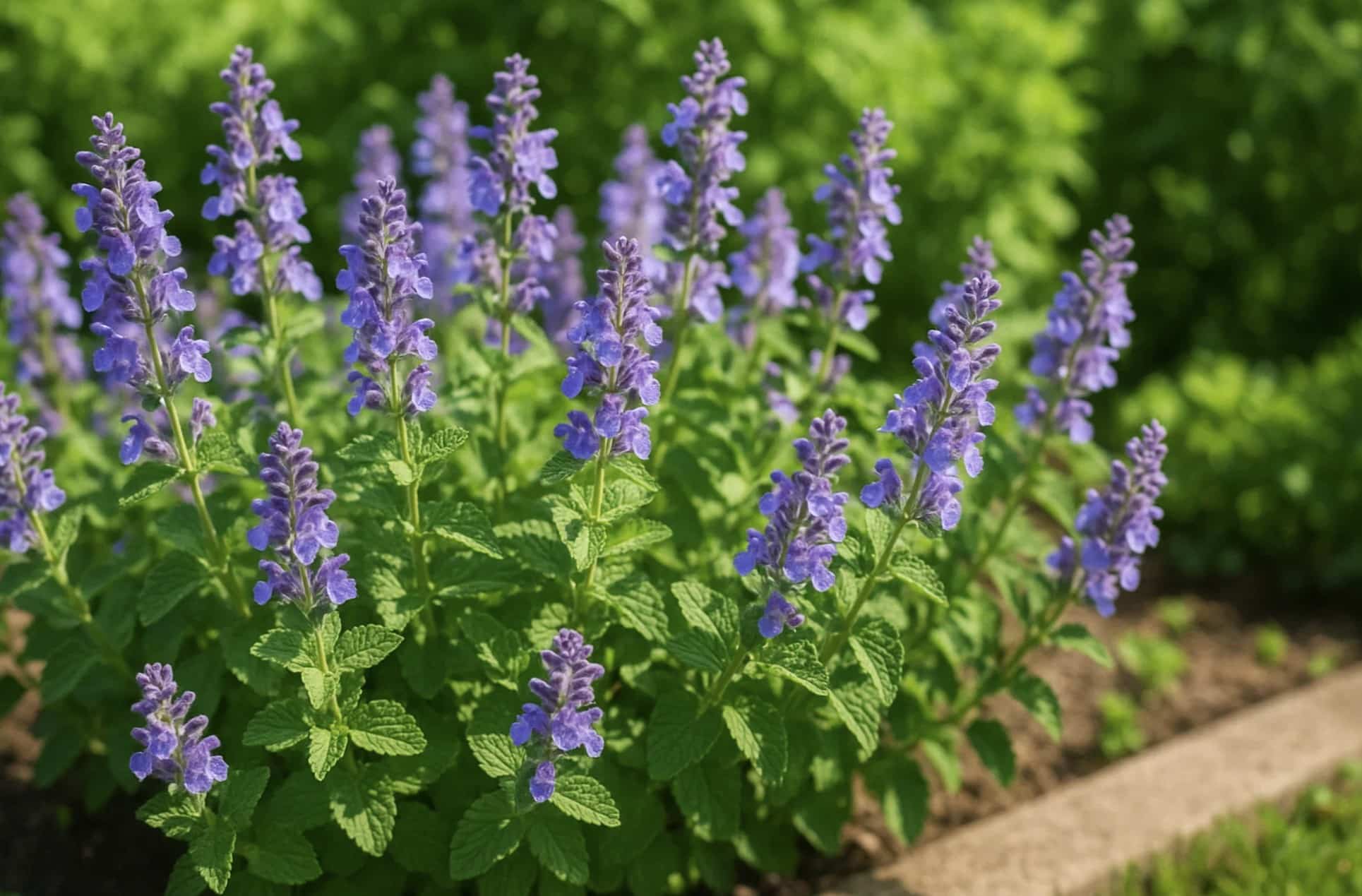 Nepeta faassenii lavendelkatteurt med lilla blomster i blomsterbed