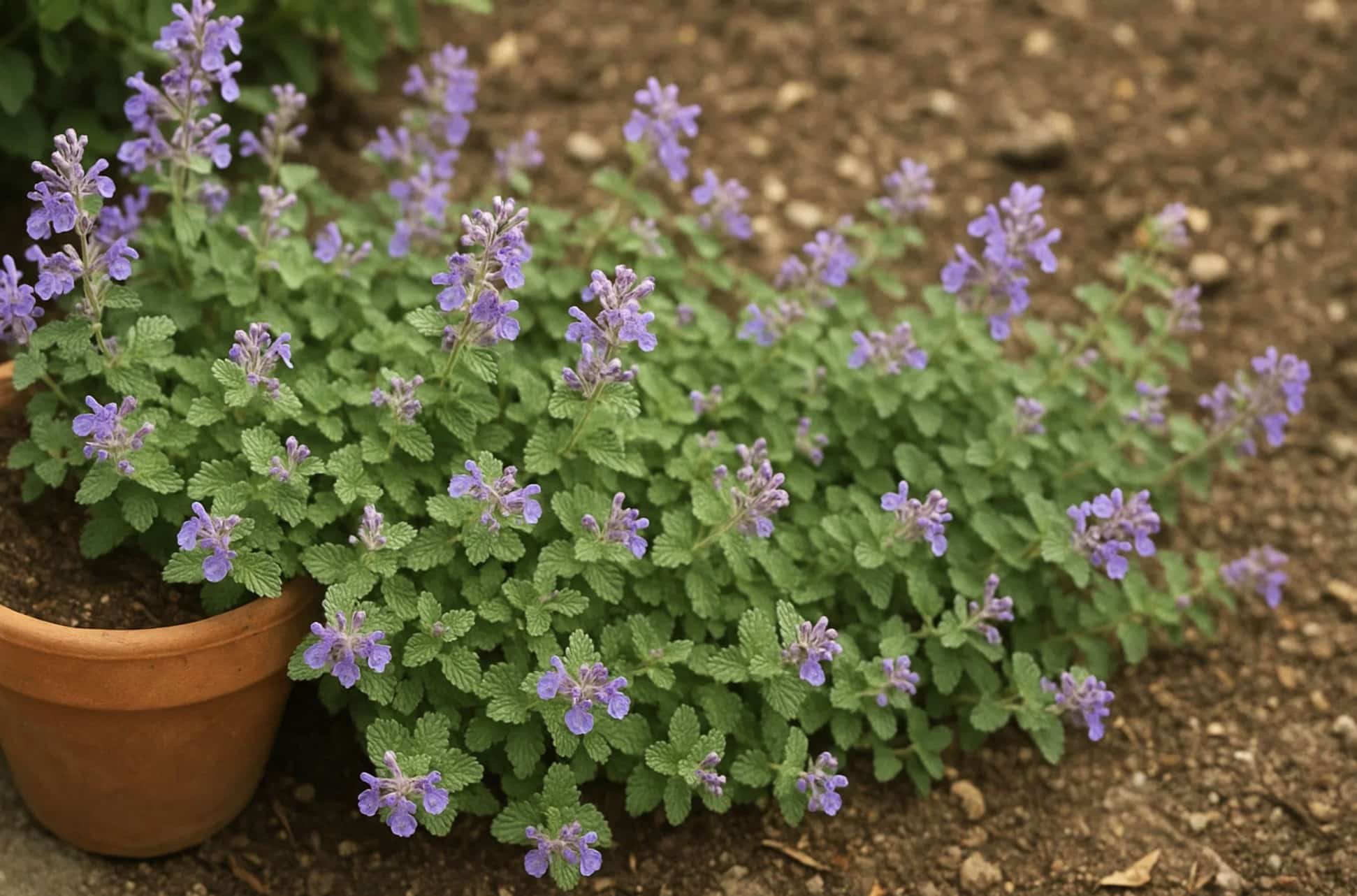 Nepeta mussinii lav vækst katteurt med lilla blomster i potte og bed