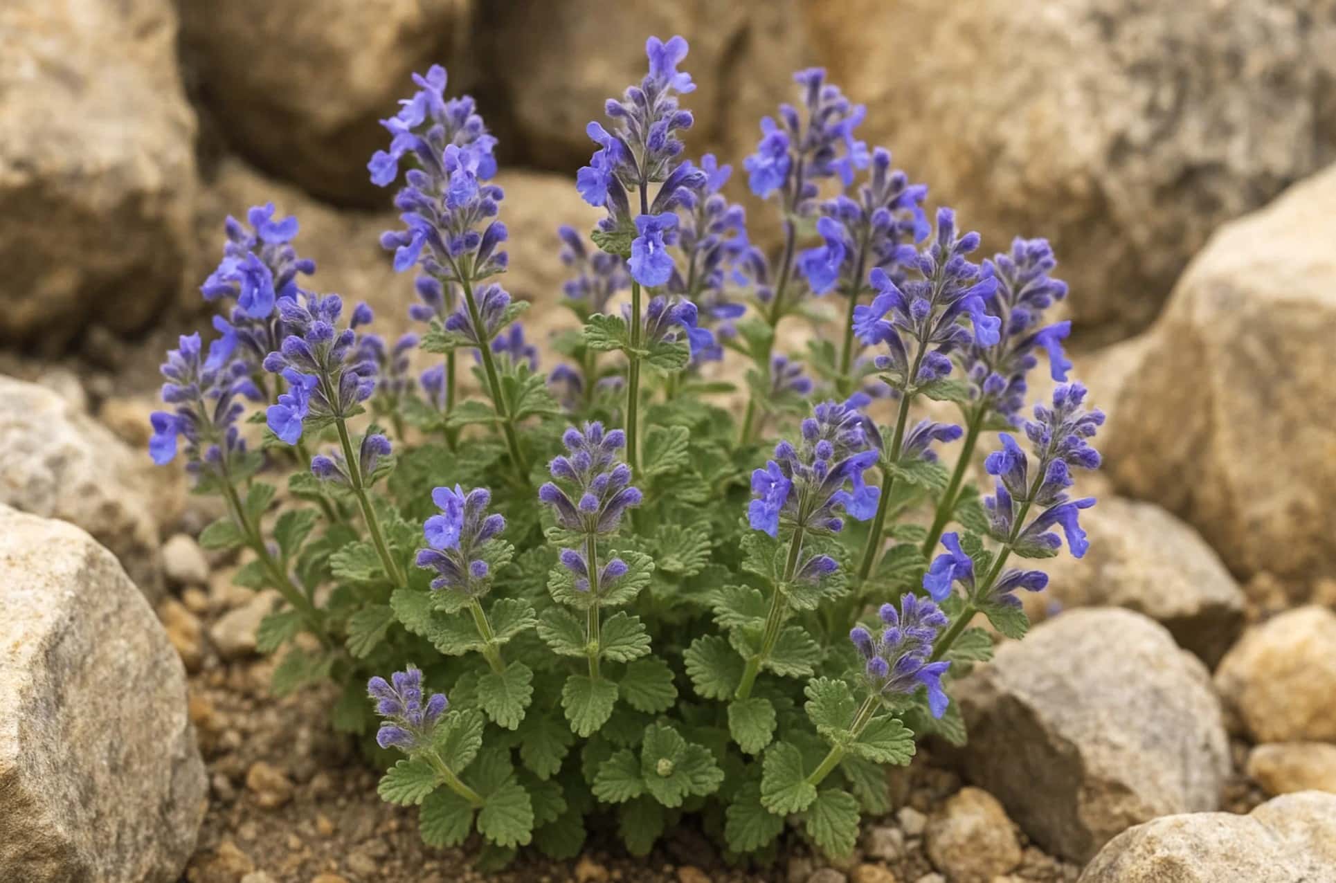 Nepeta racemosa kompakt katteurt med små blå blomster i stenbed