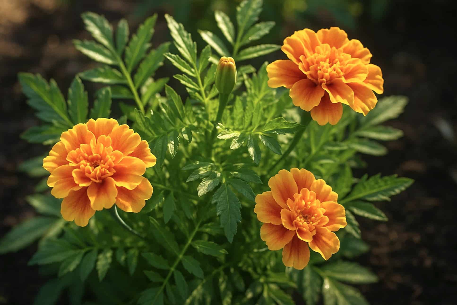 Nærbillede af sund tagetes med grønne blade og blomster.
