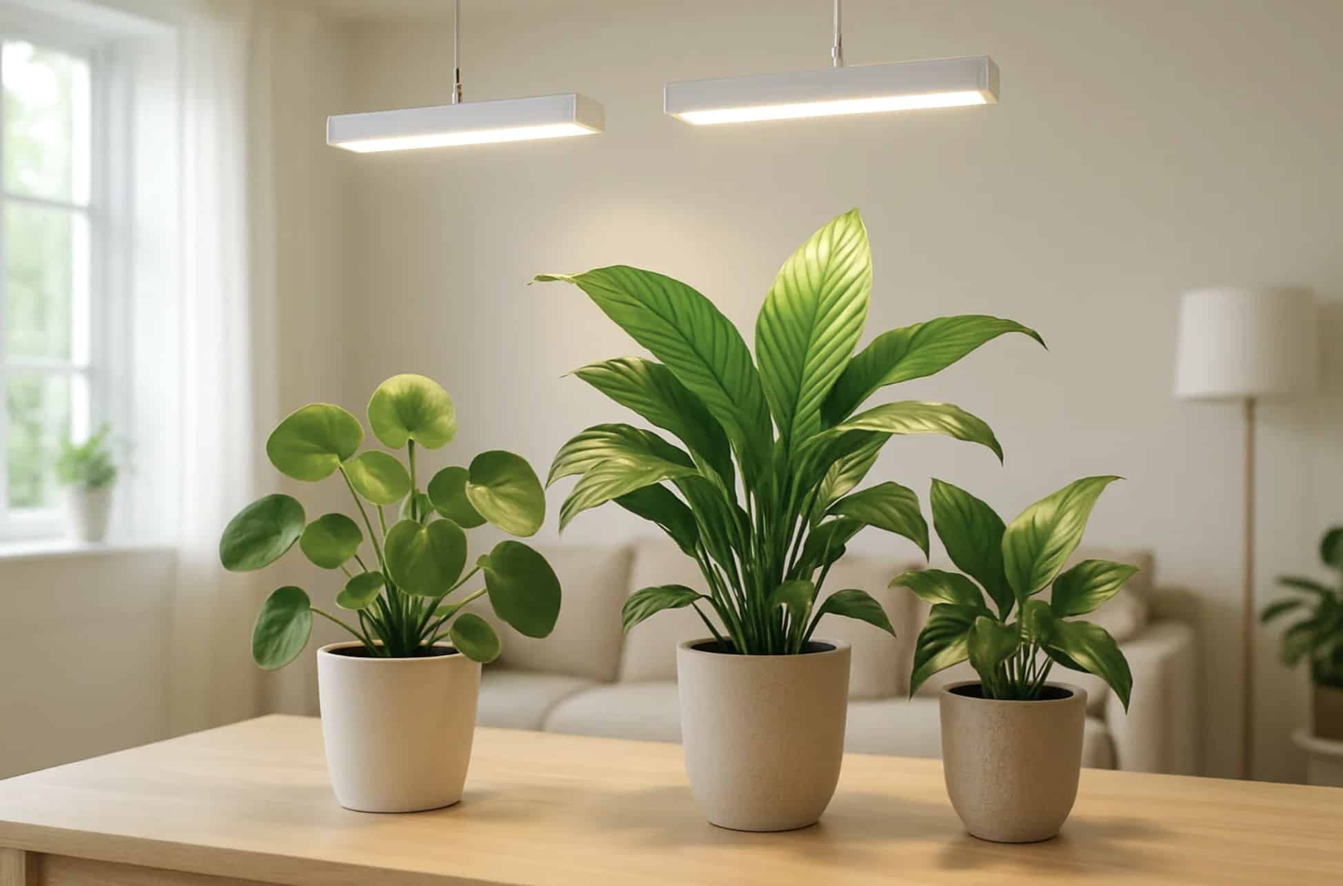 Planter under LED-grolys i stuen, der fremmer fotosyntese og sund vækst om vinteren.