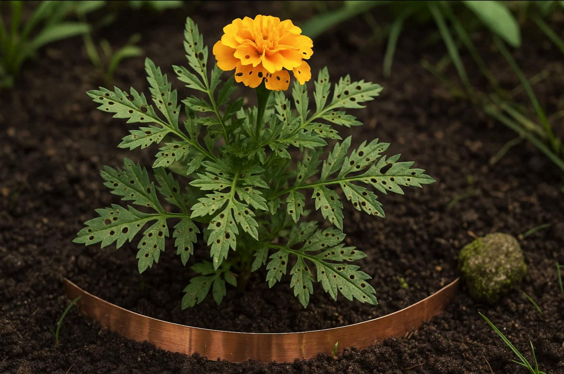Tagetes med tegn på skadedyrsangreb og beskyttelse mod snegle og insekter. 