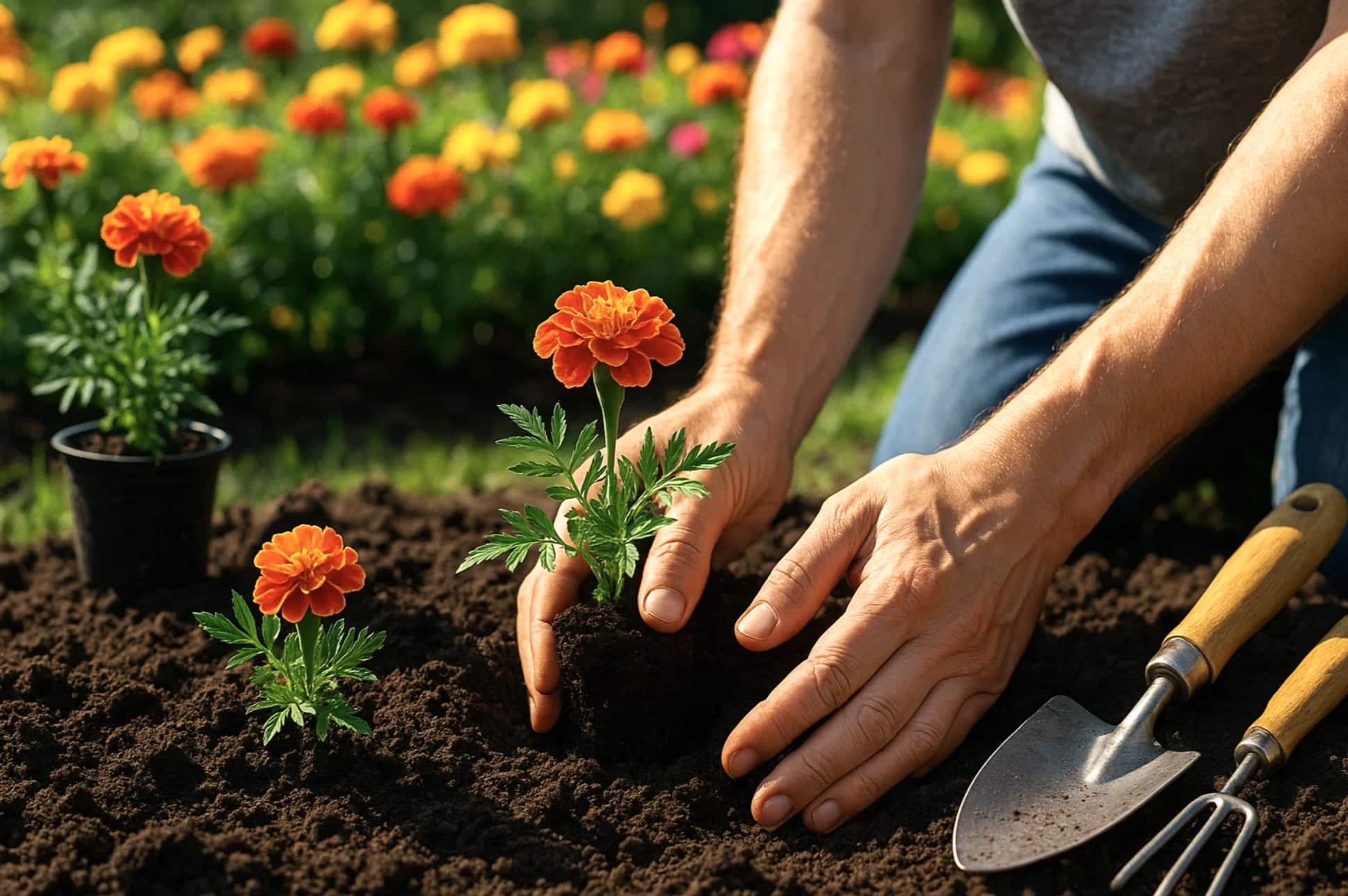 Person planter tagetes i haven på en solrig dag