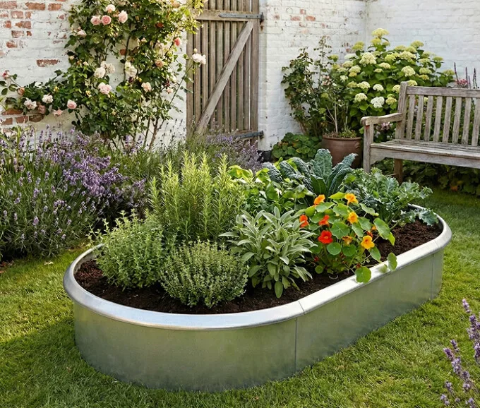 Ovalt højbed i galvaniseret stål, 54cm højde (med sneglekant)