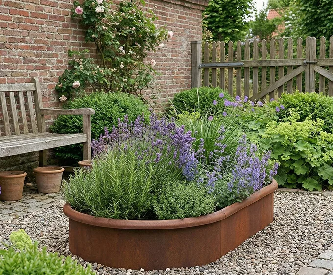 Ovalt højbed i rusten stål, 26cm højde (med sneglekant)