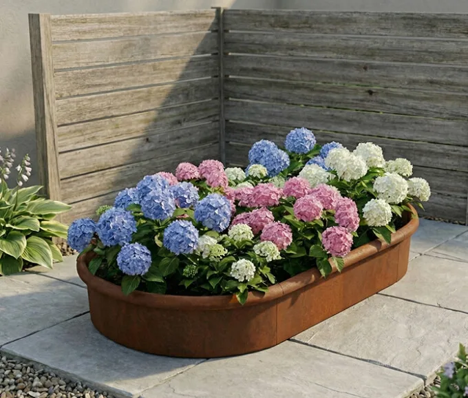 Ovalt højbed i rusten stål, 54cm højde (med sneglekant)