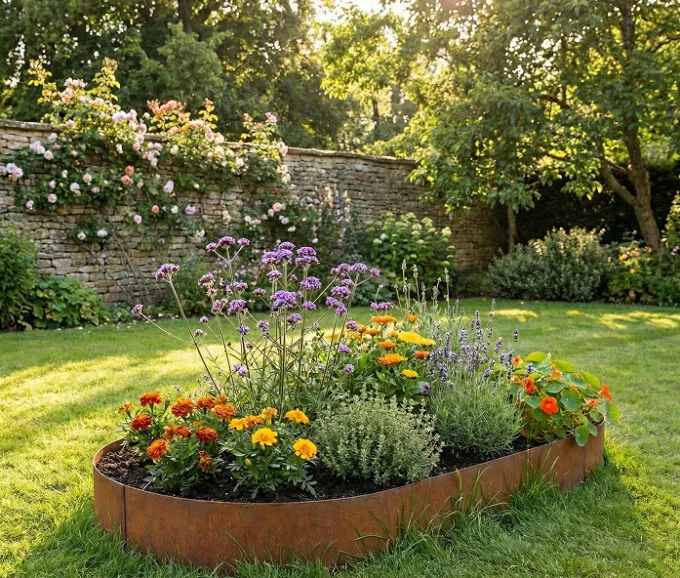 Ovalt højbed i rusten stål, 26cm højde (uden sneglekant)