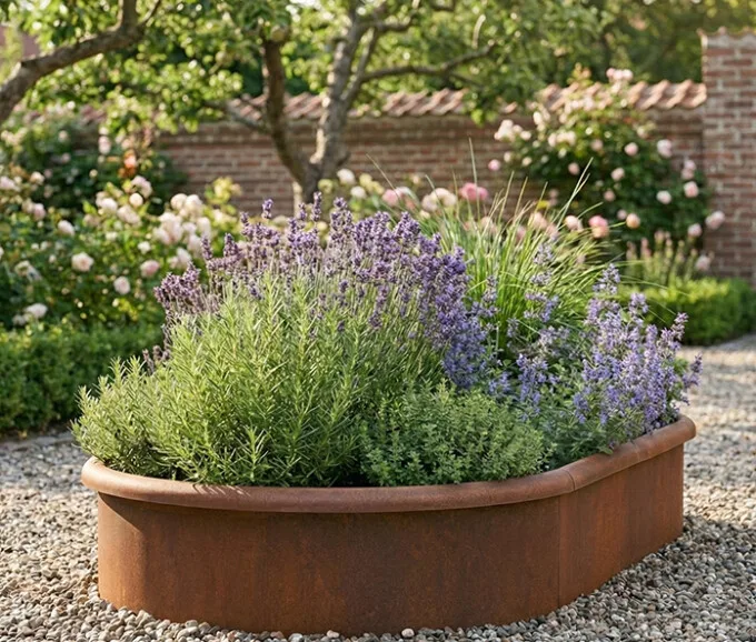 Ovalt højbed i rusten stål, 40cm højde (med sneglekant)