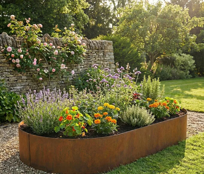 Ovalt højbed i rusten stål, 54cm højde (uden sneglekant)