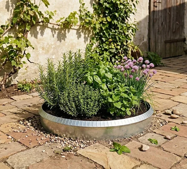 Rundt opphøyet bed i galvanisert stål, høyde 26 cm (med skruekant)