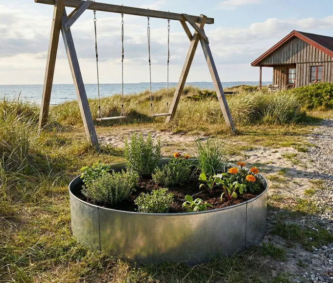 Rundt højbed i galvaniseret stål, højde 54cm (uden sneglekant)