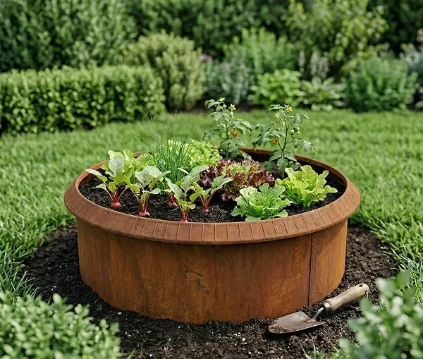 Rundt høybed i rustfritt stål, høyde 54 cm (med sneglekant)