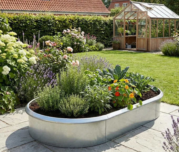 Ovalt højbed i galvaniseret stål, 40cm højde (med sneglekant)