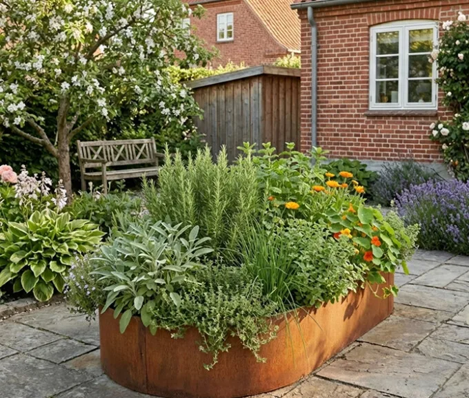 Ovalt højbed i rusten stål, 40cm højde (uden sneglekant)