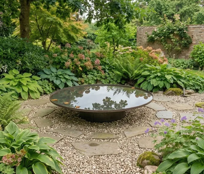 Rundt spejlbassin Ø120 cm i corten stål uden kant og med afløbshul