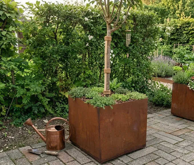 Plantekumme i 5 mm stålplade med målene 40 x 40 x 35 cm (Skjulte hjul)