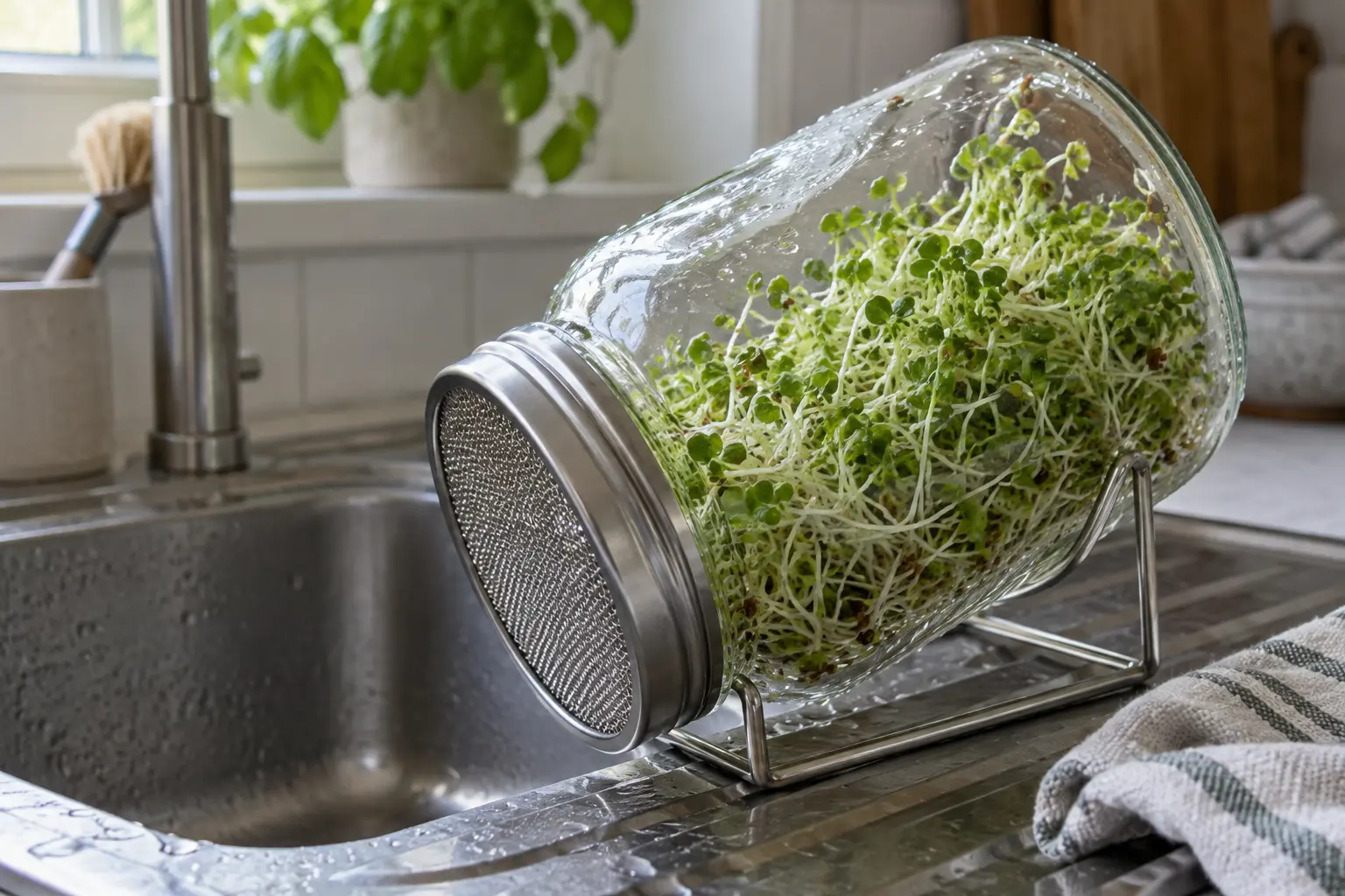 Färska broccoligroddar i en groddburk vid diskbänken