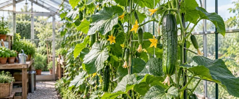 Agurkeplanter med blomster og frugter i drivhus