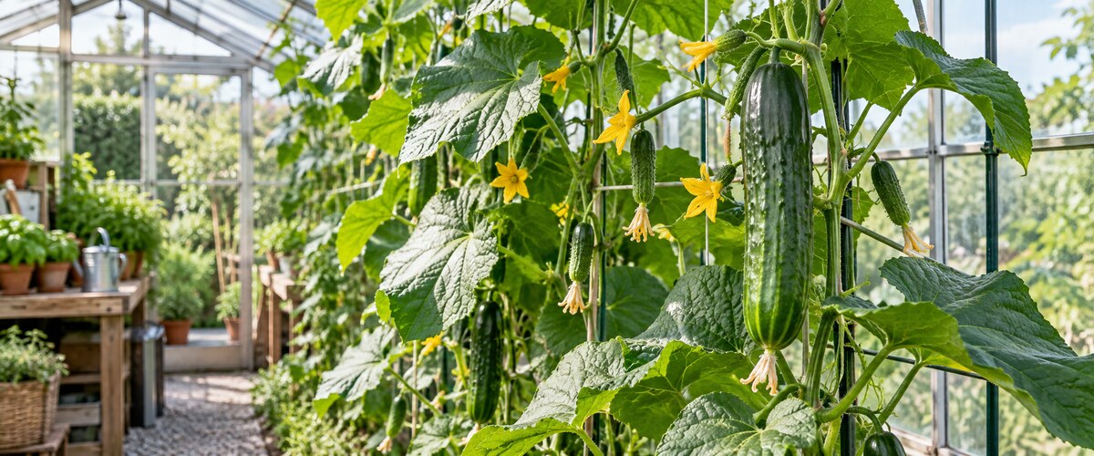 Blog om grolys og plantevækst 254 Agurkeplanter med blomster og frugter i drivhus