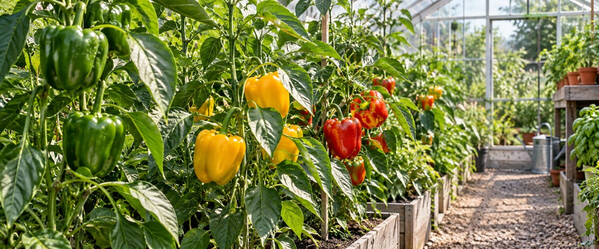 Blog om grolys og plantevækst 252 Peberfrugtplanter med grønne, gule og røde frugter