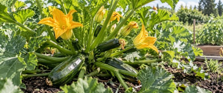 Squashplante med blomster og frugter