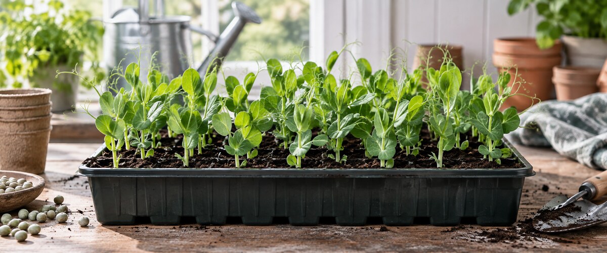 Plantelys 38 Unge ærteplanter med slyngtråde i bakke