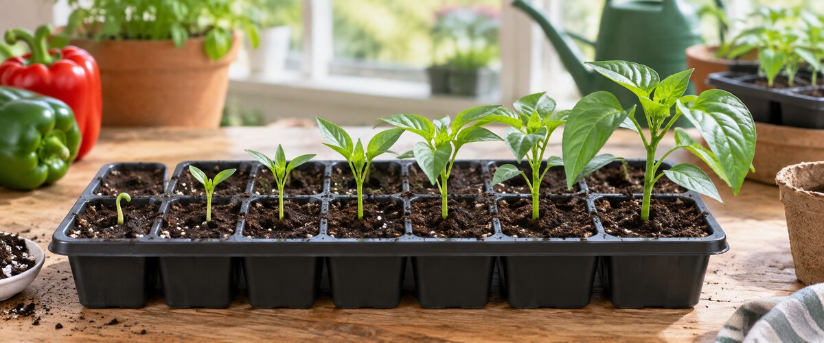 Plantelys 36 Peberfrugtplanter i forskellige stadier under forspiring
