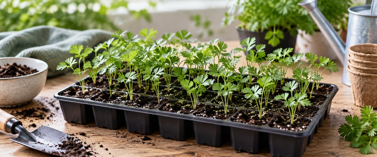 Plantelys 41 Unge persilleplanter i såbakke