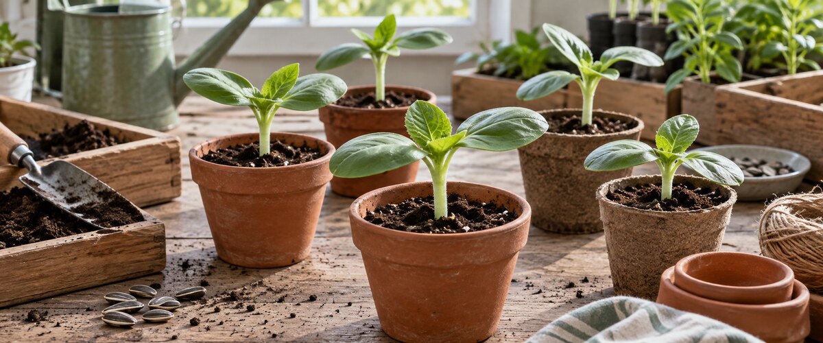 Plantelys 37 Unge solsikkeplanter i separate potter