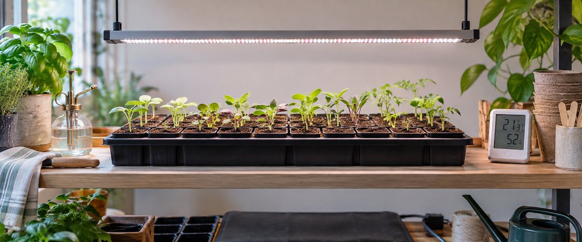 Unge frøplanter under grolys efter at frøene er spiret