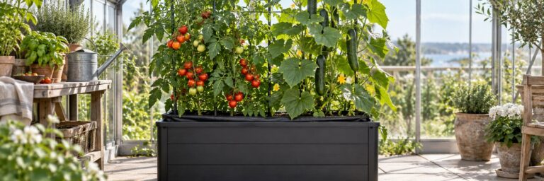 Kapillærkasse med tomat- og agurkeplanter i drivhus