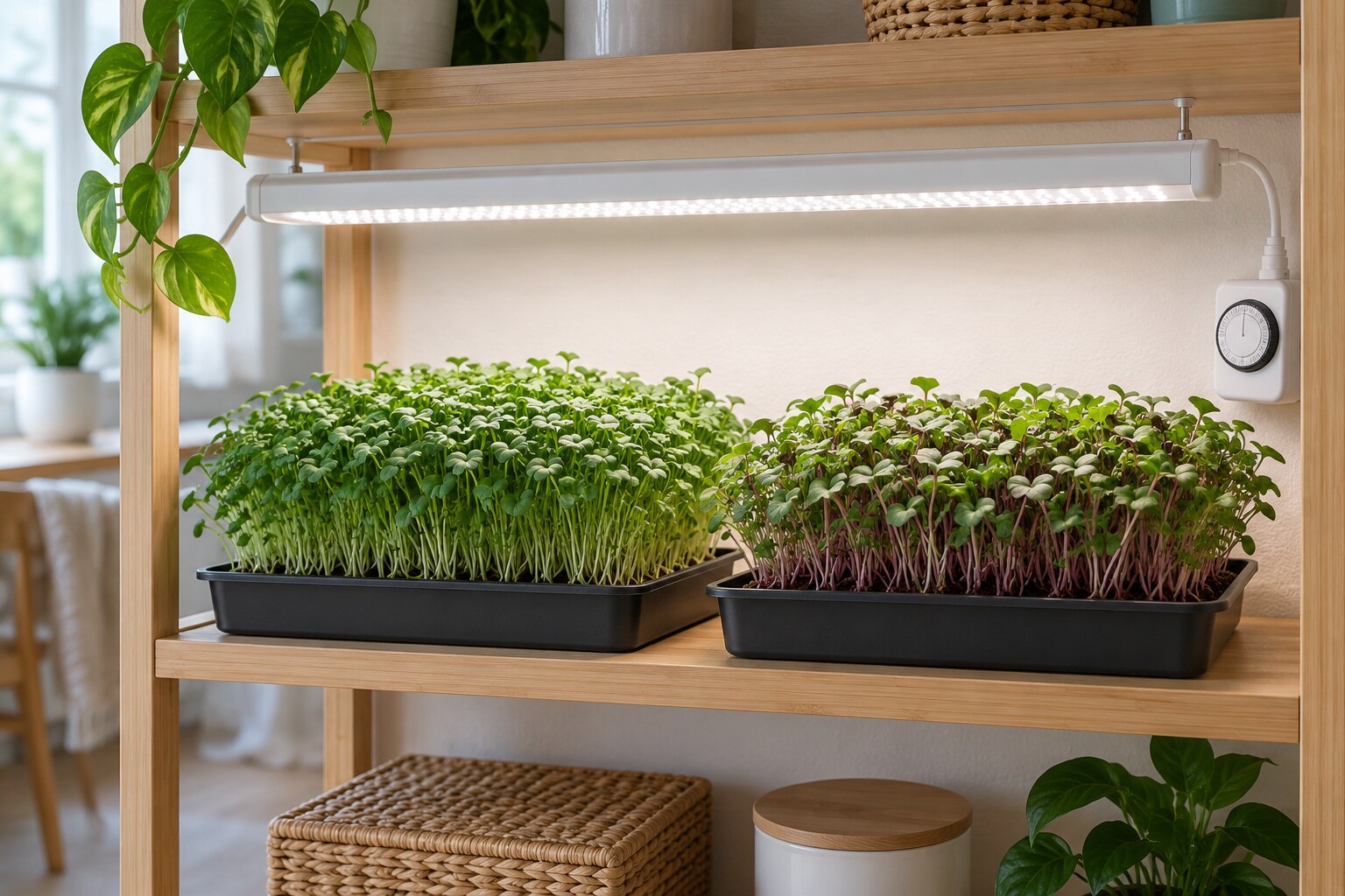 Mikrogrönsaker i brickor under ett vitt LED-odlingsljus med timer